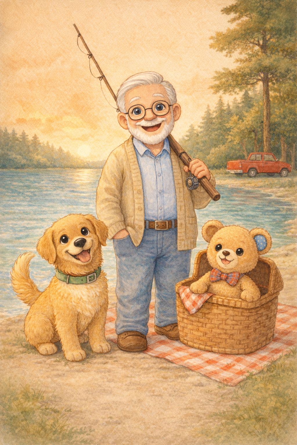 Grandpa Joe, Benny, and Mr. Snuggles Go Fishing