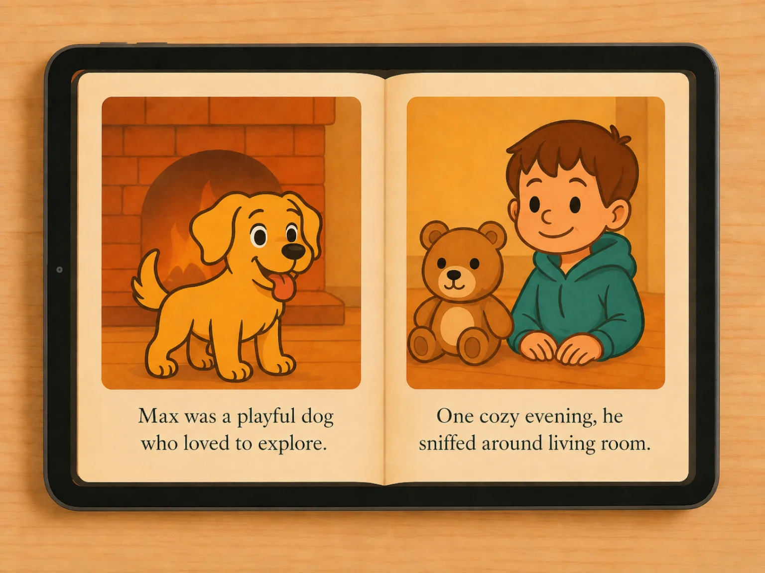 Read and share - an open storybook showing illustrated pages of Max the dog and a child